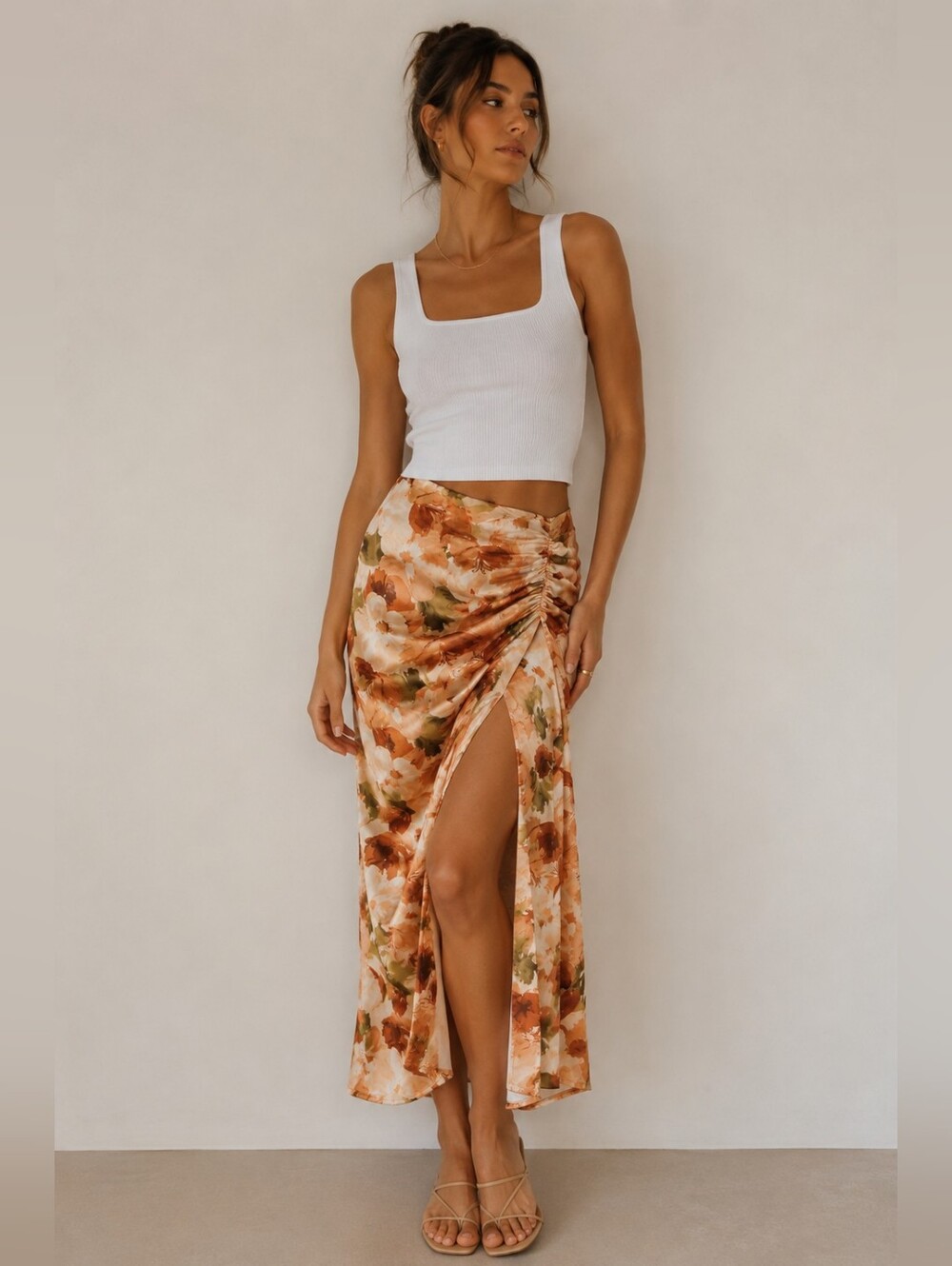 Abercrombie & Fitch Satin Floral Ruched Midi, S, Romantic, Euro-summer, Soft